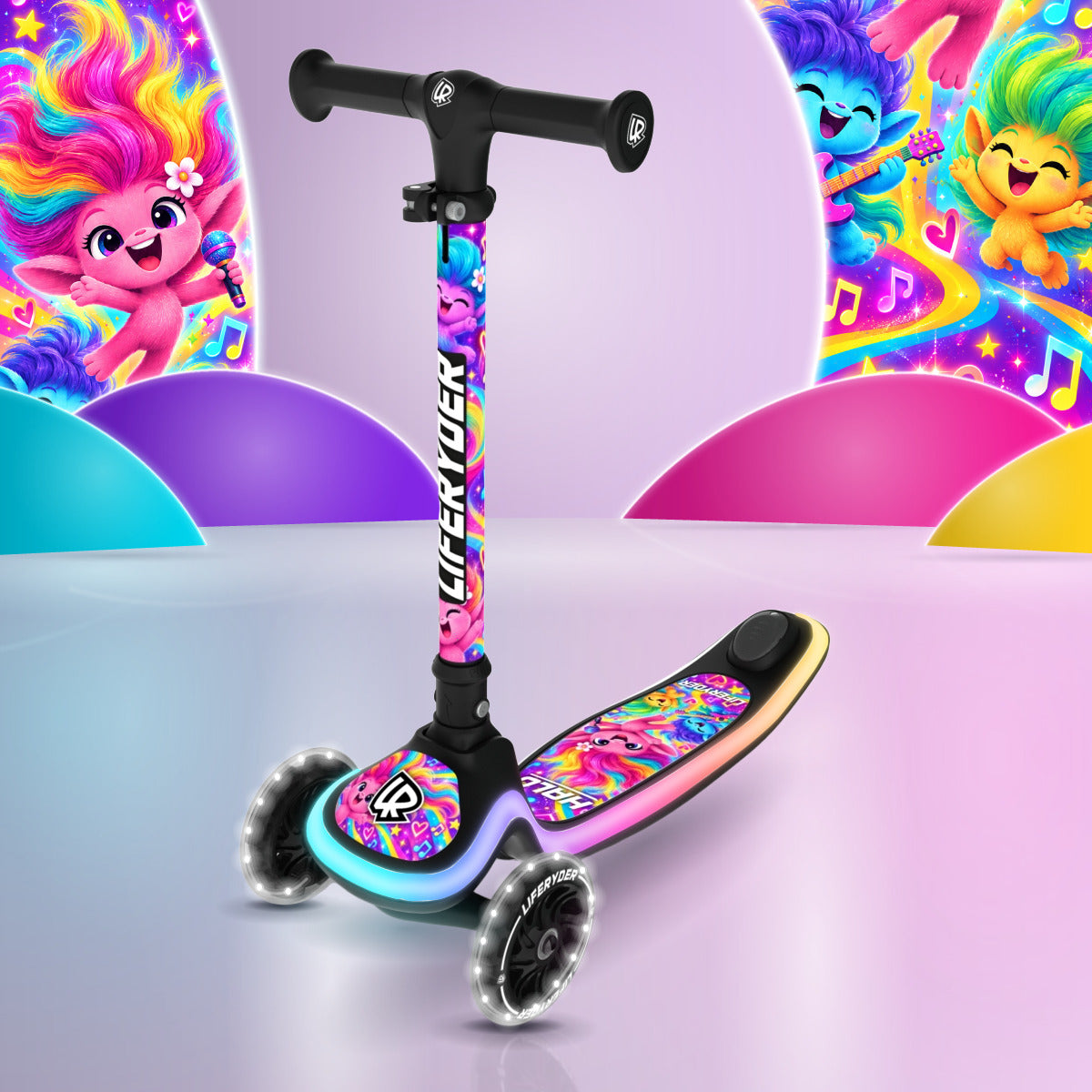 LIFERYDER HALO Fuzzy Beats three-wheel scooter, front three-quarter view