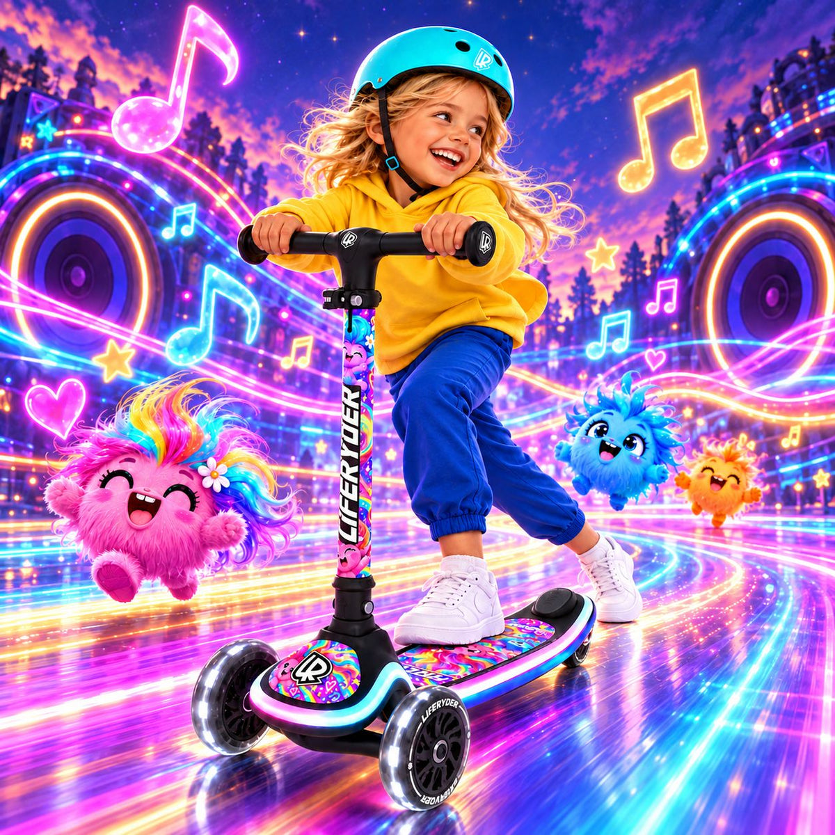 LIFERYDER HALO Fuzzy Beats 3-wheel children’s scooter with colourful character graphics in a neon fantasy scene.