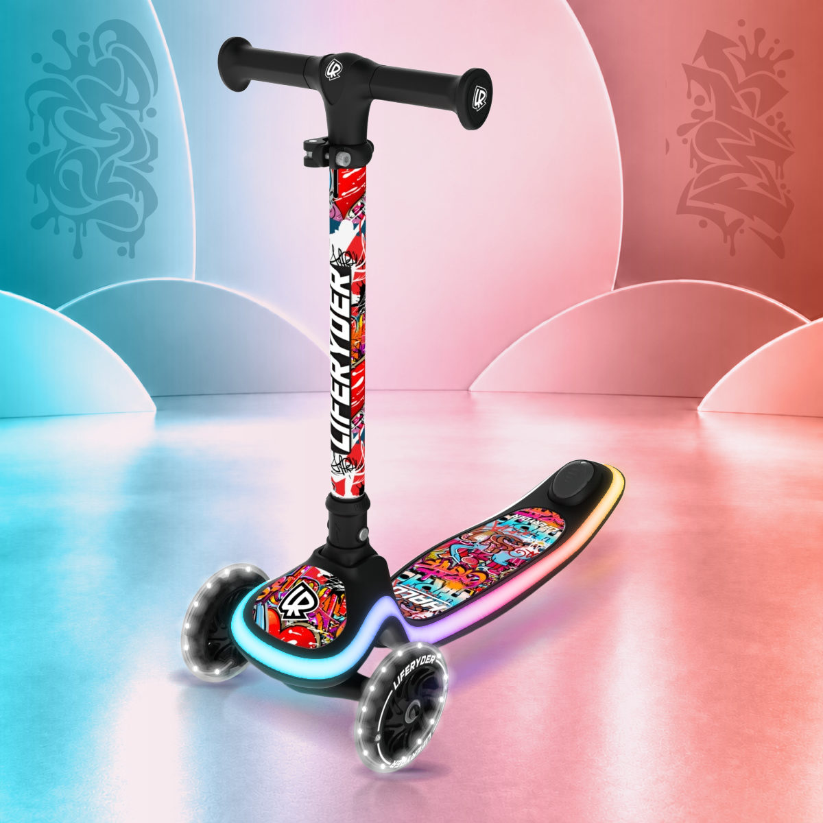 LIFERYDER HALO Graffiti three-wheel scooter, front three-quarter view