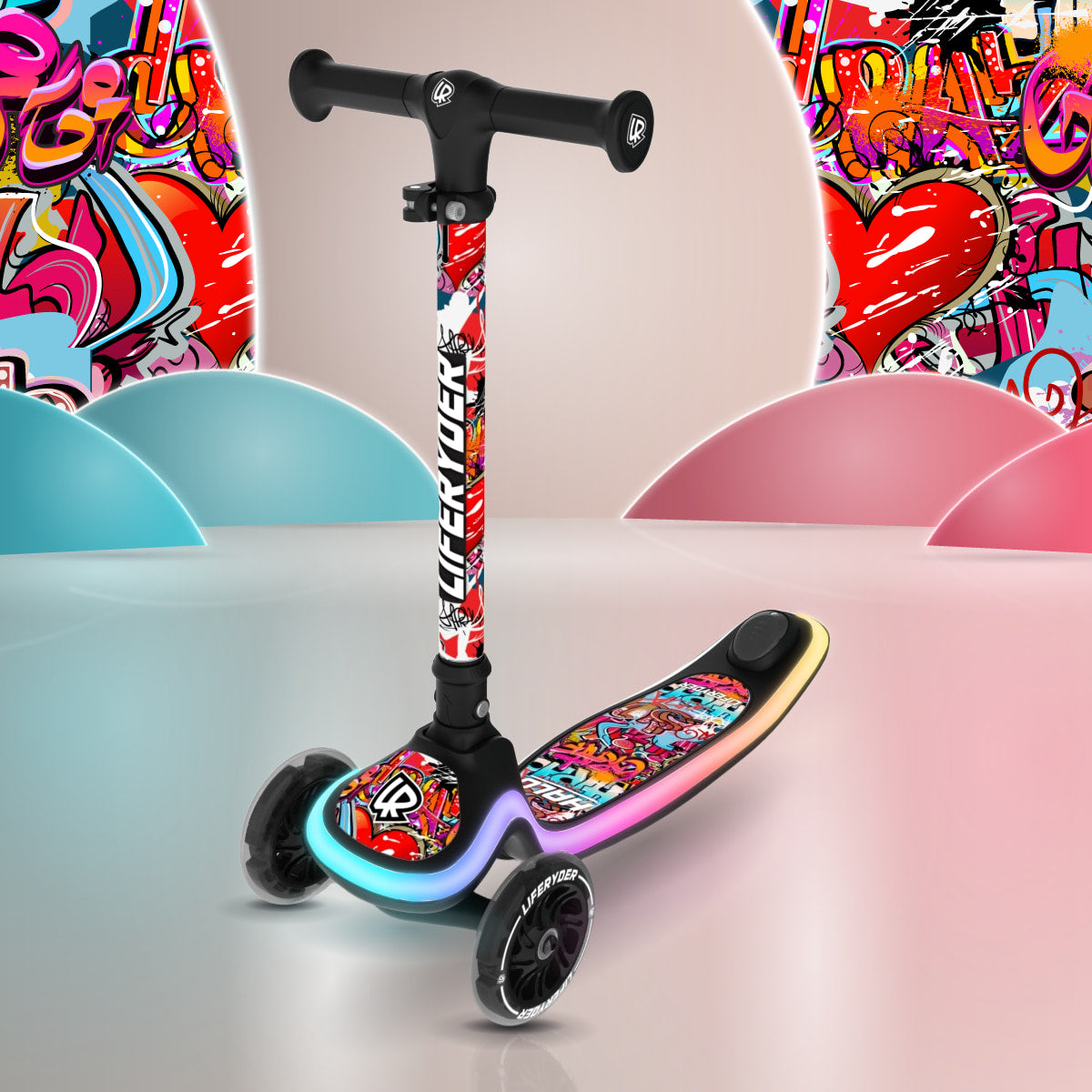 LIFERYDER HALO Graffiti three-wheel scooter, front three-quarter view