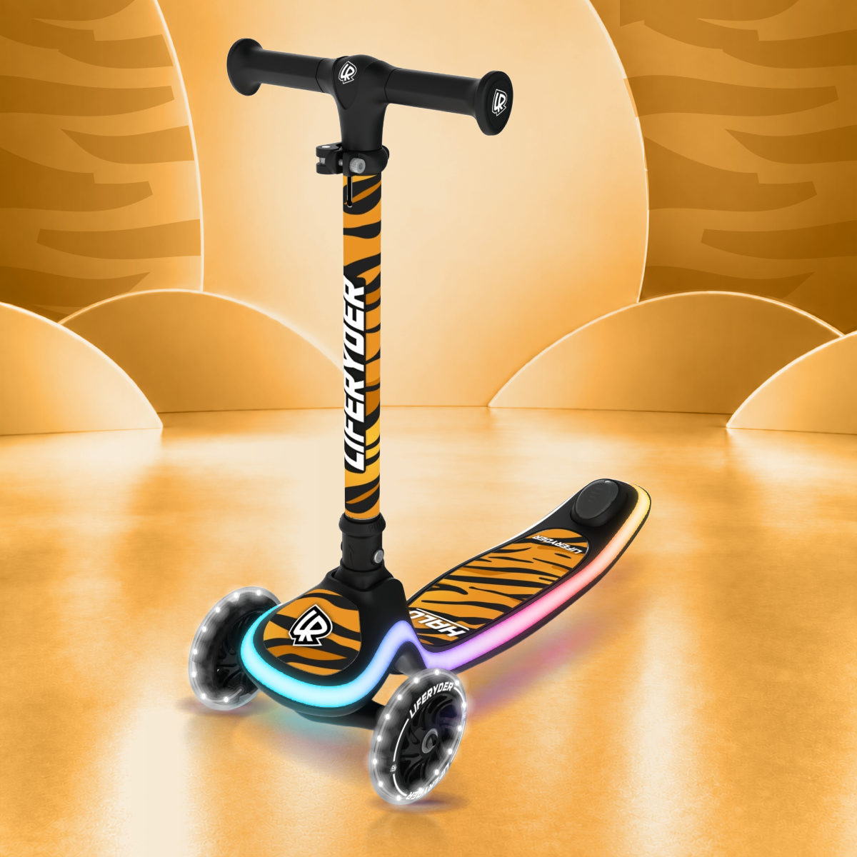 LIFERYDER HALO Hull Stripes three-wheel scooter, front three-quarter view