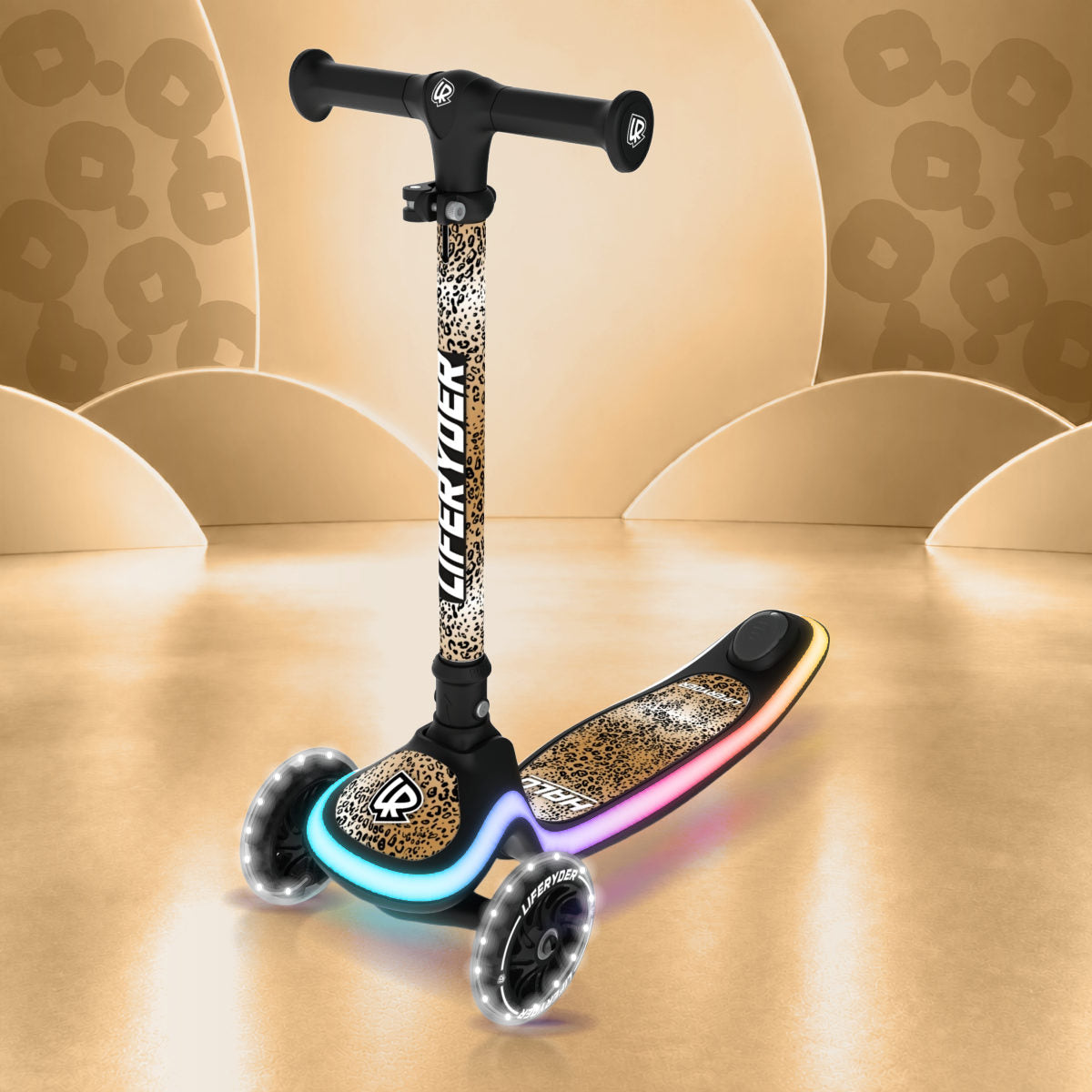 LIFERYDER HALO Leopard Sprint three-wheel scooter, front three-quarter view