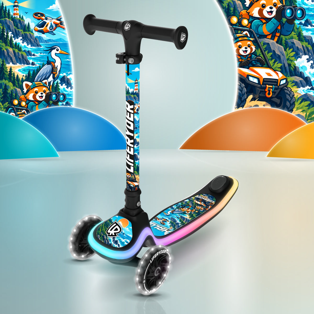 LIFERYDER HALO LookOut 3 wheel scooter with white LED wheels and a multicoloured LED deck in a design-themed studio scene.
