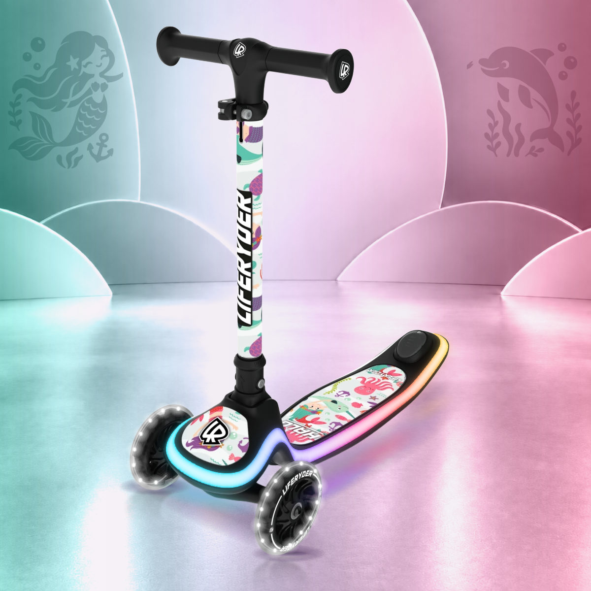 LIFERYDER HALO Mermaids & Dolphins three-wheel scooter, front three-quarter view