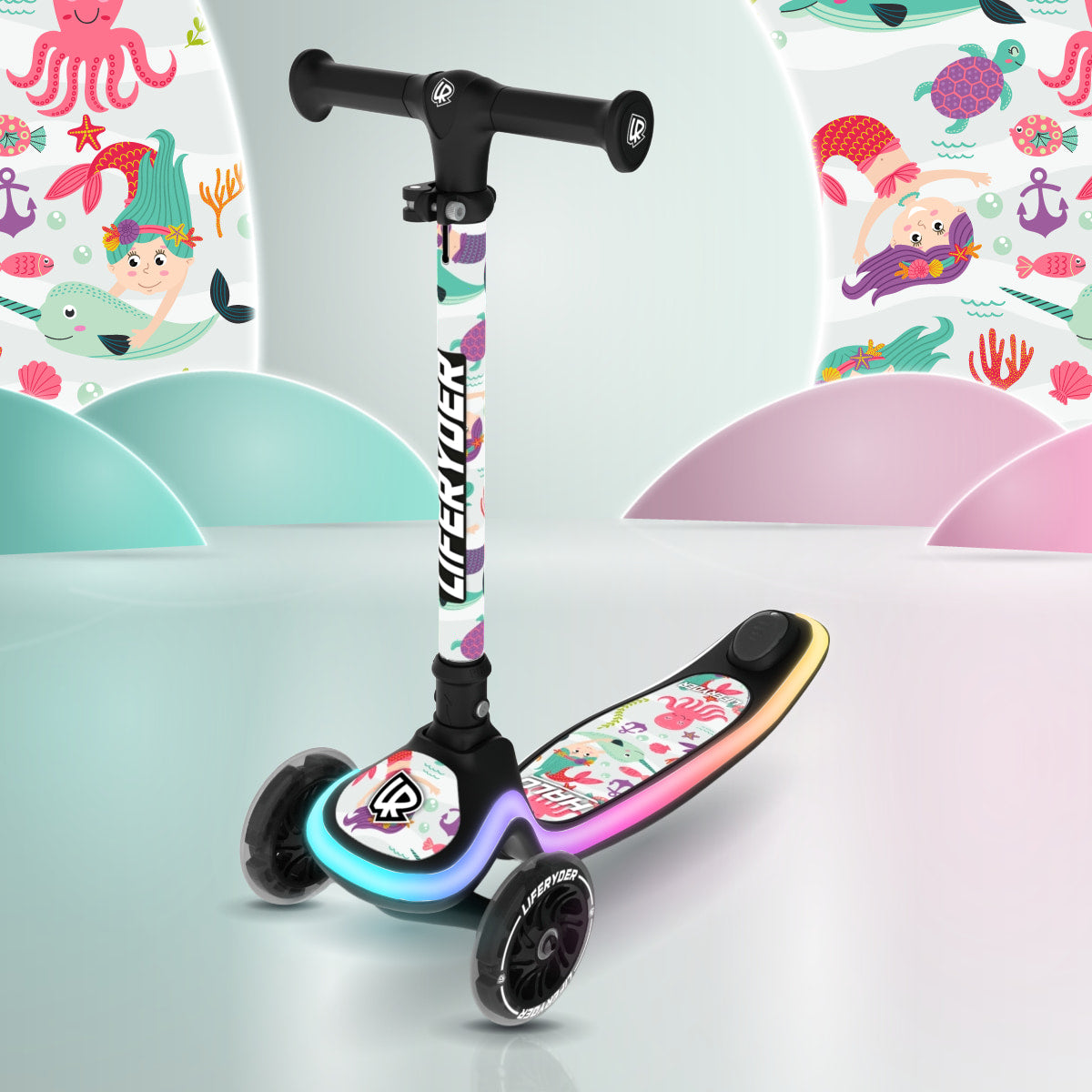 LIFERYDER HALO Mermaids & Dolphins three-wheel scooter, front three-quarter view