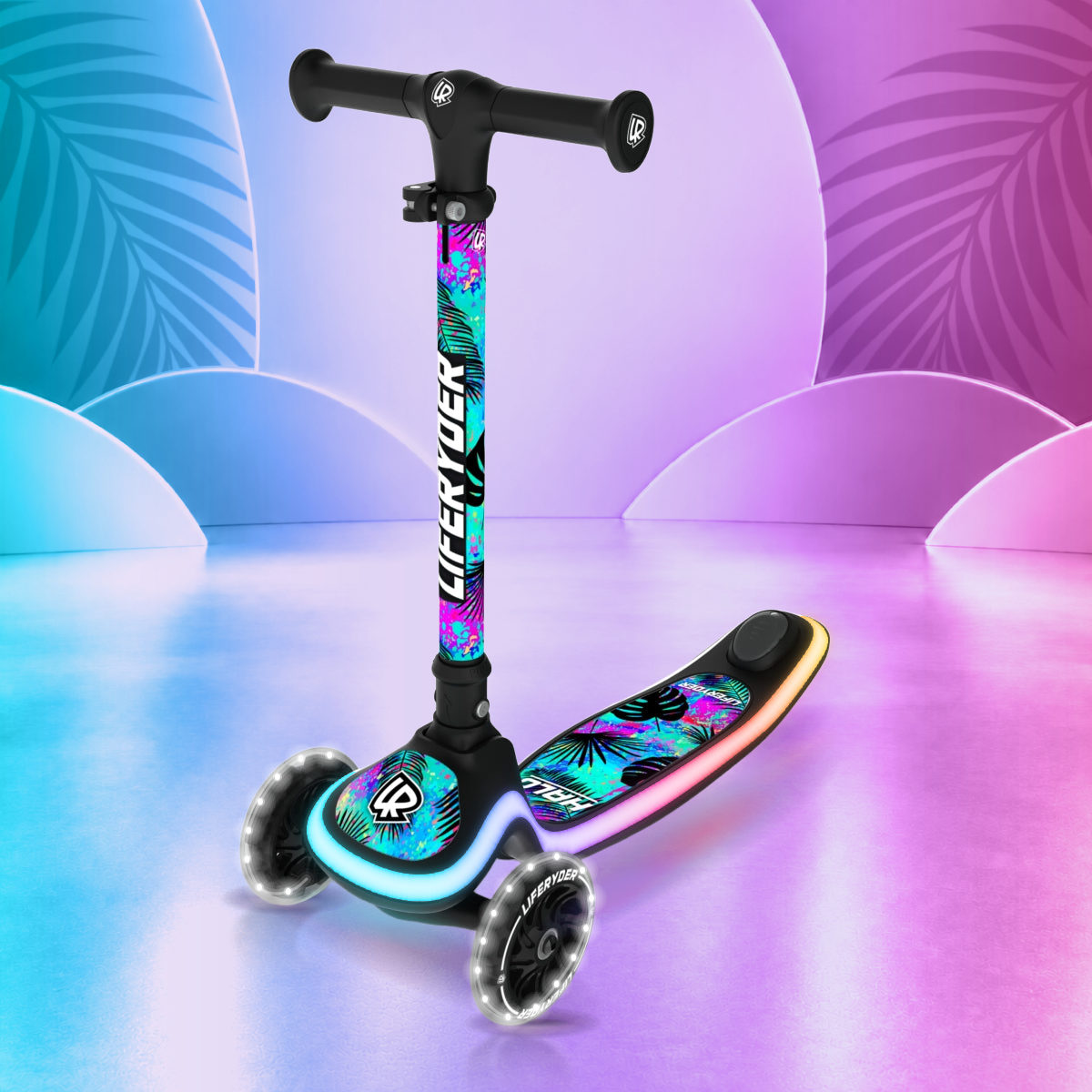 LIFERYDER HALO Neon Palm three-wheel scooter, front three-quarter view
