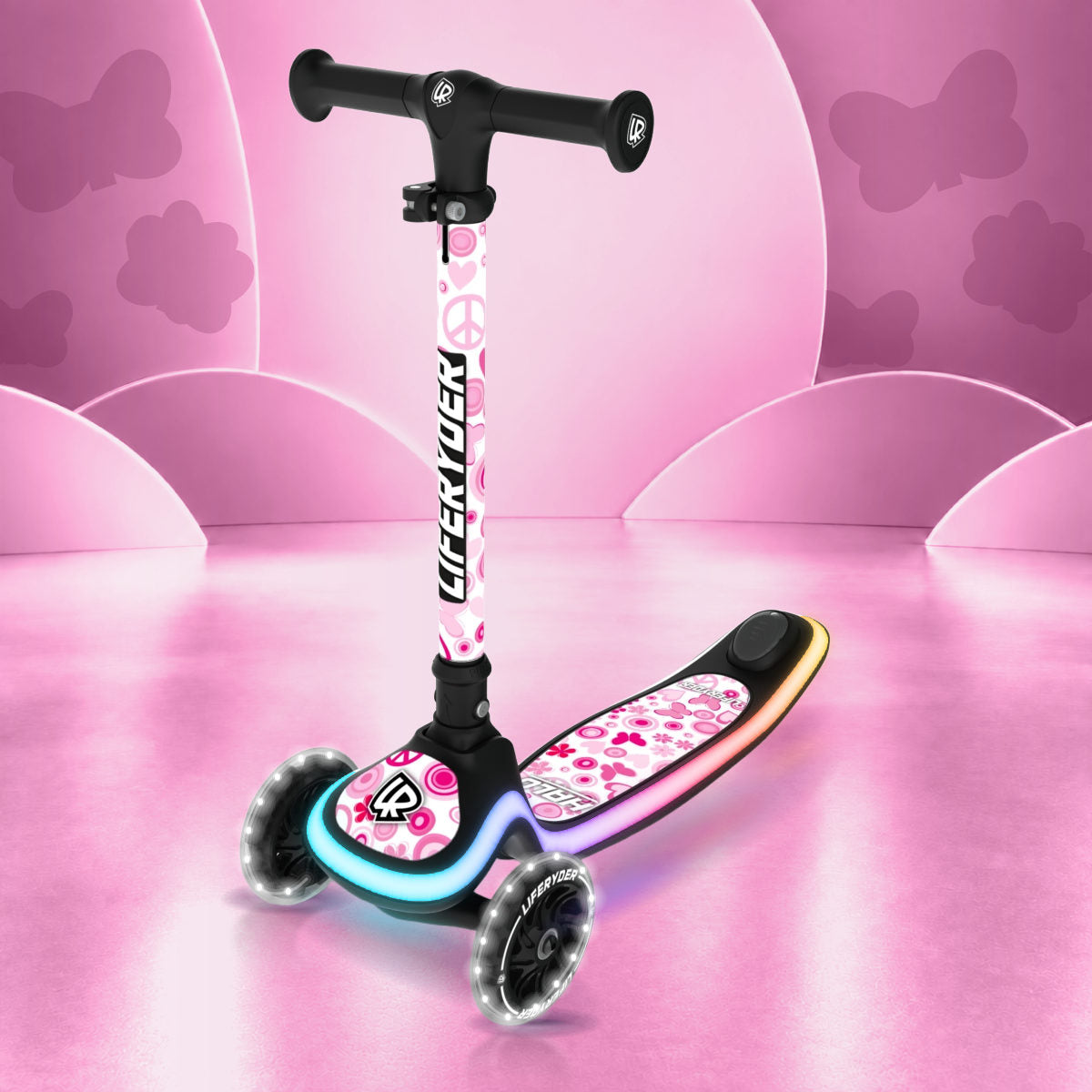 LIFERYDER HALO Peace & Love three-wheel scooter, front three-quarter view