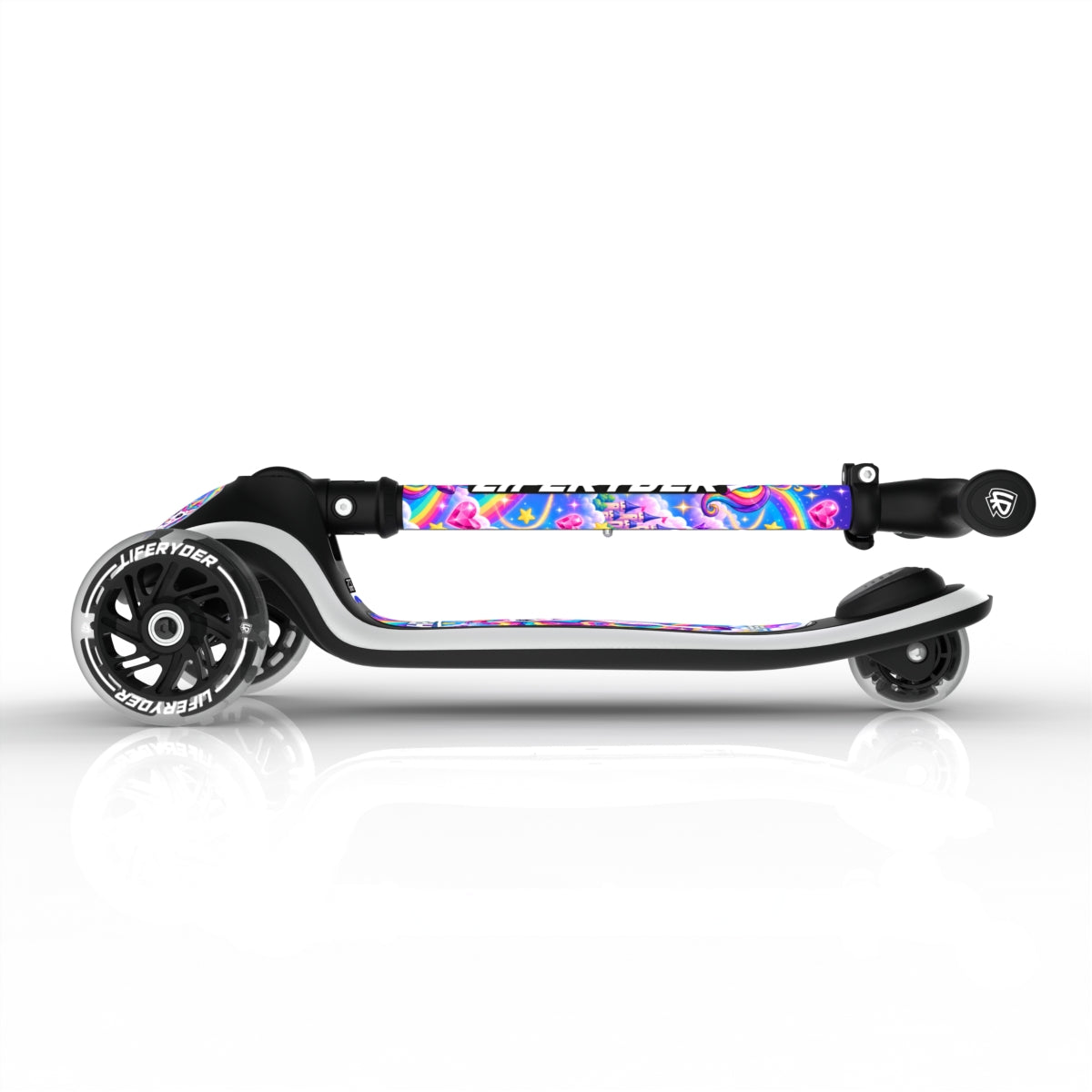 LIFERYDER HALO Rainbow Sparkle three-wheel scooter, folded view