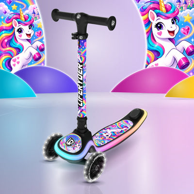LIFERYDER HALO Rainbow Sparkle 3 wheel scooter with white LED wheels and a multicoloured LED deck in a design-themed studio scene.