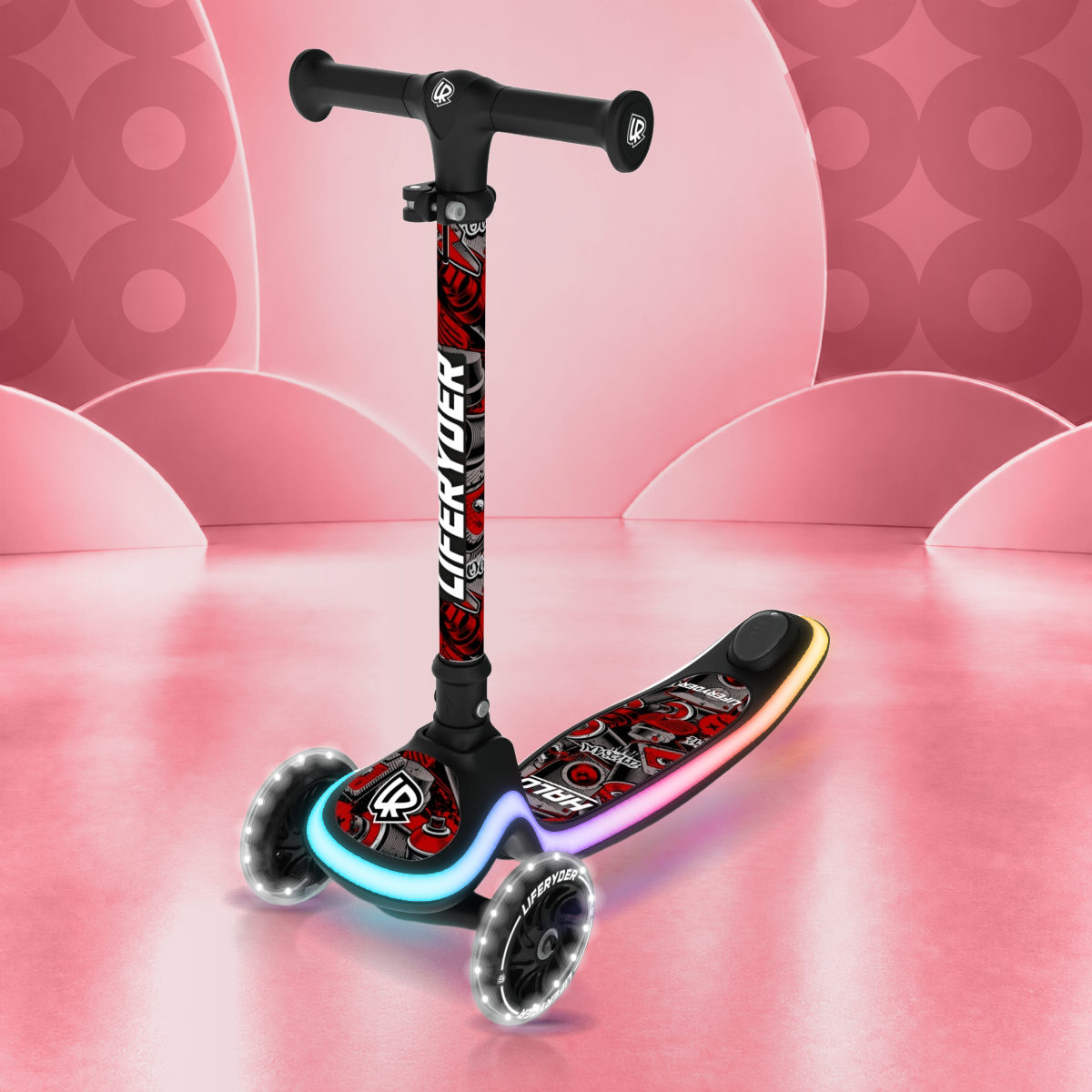 LIFERYDER HALO Red Mist three-wheel scooter, front three-quarter view