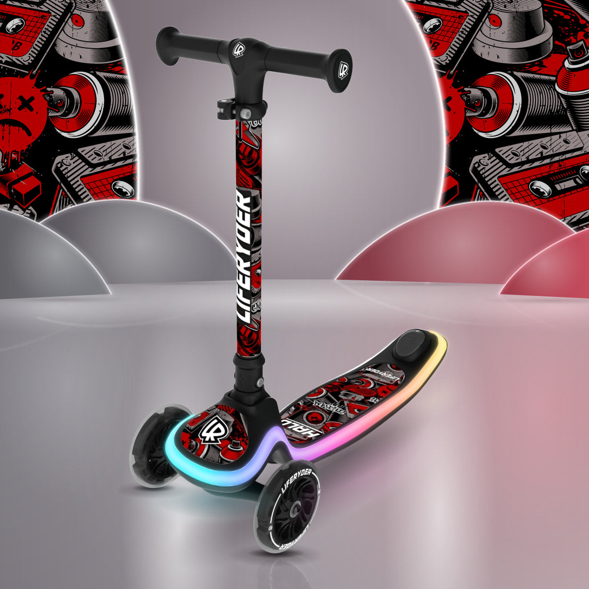 LIFERYDER HALO Red Mist three-wheel scooter, front three-quarter view