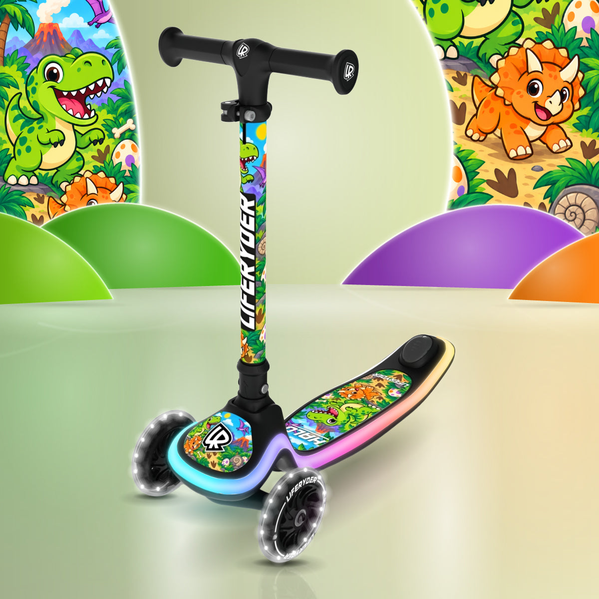 LIFERYDER HALO Roarsome 3 wheel scooter with white LED wheels and a multicoloured LED deck in a design-themed studio scene.