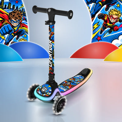 LIFERYDER HALO SkyBolt 3 wheel scooter with white LED wheels and a multicoloured LED deck in a design-themed studio scene.