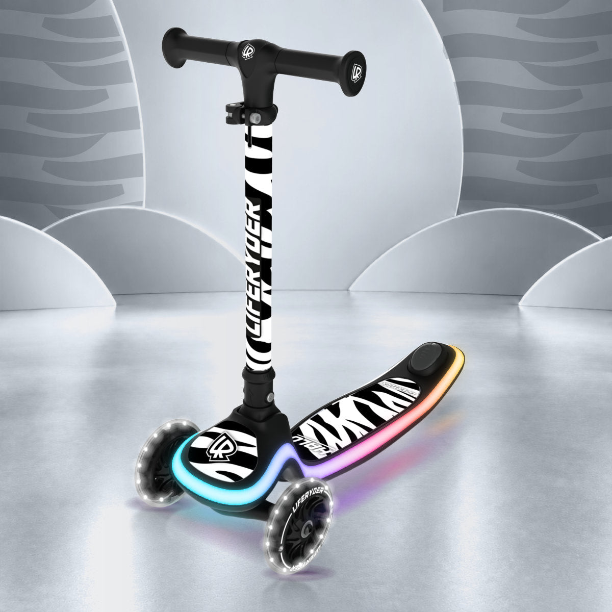 LIFERYDER HALO Zebra Stripes three-wheel scooter, front three-quarter view