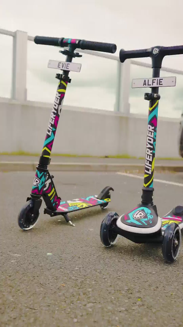 Load video: Children riding LIFERYDER QUEST and HALO scooters together near Humber Bridge