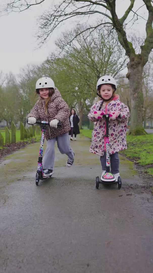 Children riding LIFERYDER HALO and QUEST scooters outdoors